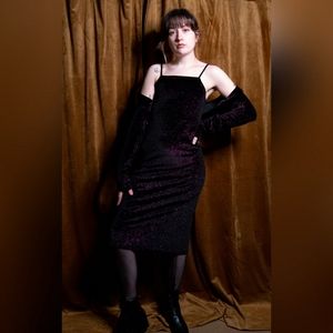 Velvet Black and Pink Glitter Slip Dress With Matching Long Sleeved Shrug